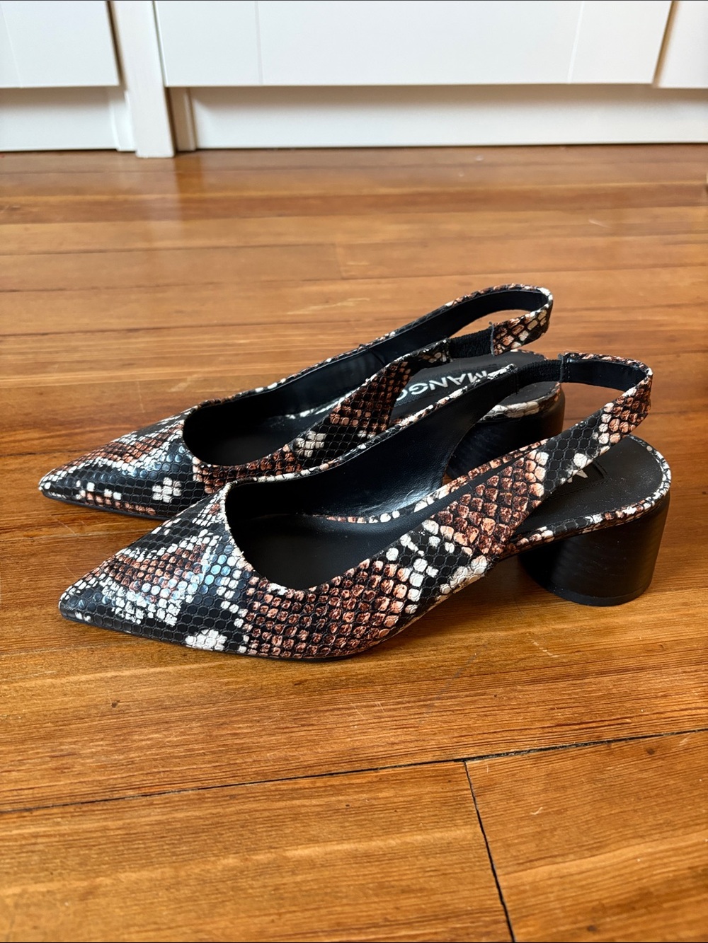 Mango Leather Snakeskin Block-Heel Point-Toe Slingback Shoes NWT size 36